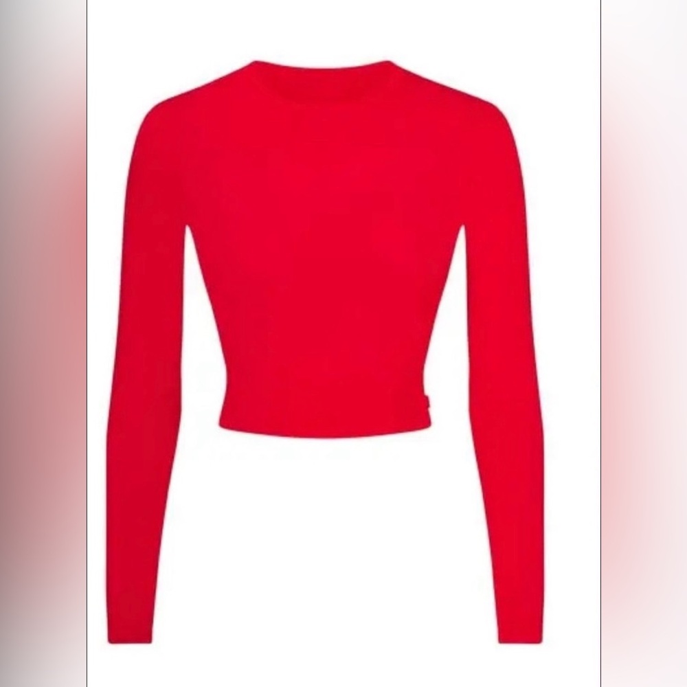 SKIMS Sleep Super Crop Long Sleeve Shirt Top in Ruby Red
